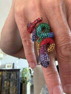 Rainbow Rhinestone Coiled Snake Statement Ring Gold Tone Multicolor Size 6